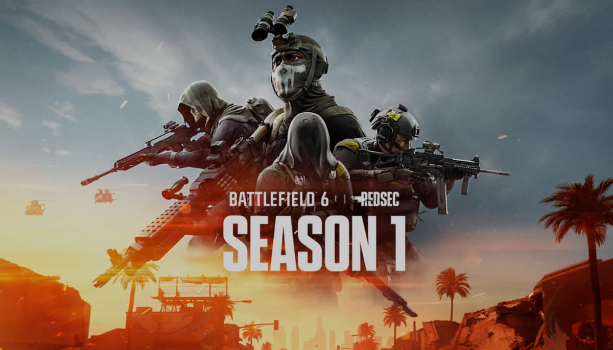 Three soldiers in tactical gear, holding weapons, stand back-to-back against a dramatic sky. Text reads "Battlefield 6, Redsec, Season 1"