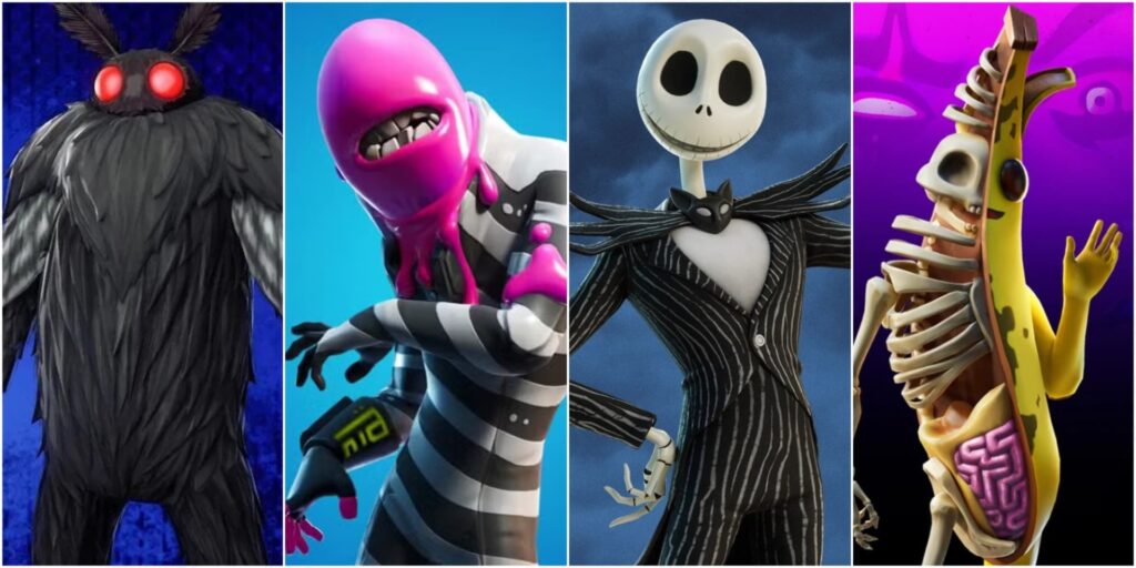 A lineup of Fortnite Halloween skins including Mothman, Teef, Jack Skellington, and Peely Bone