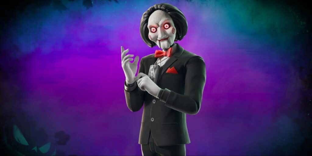 The Billy the Puppet skin from Fortnite inspired by the Saw movies, wearing a black suit with a red bow tie