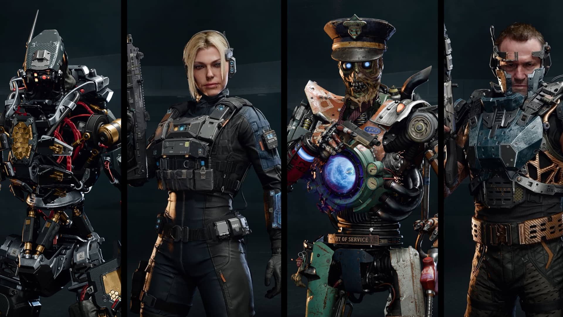Eine Aufstellung aus vier Black Ops 7-Charakteren, darunter zwei schwer gepanzerte Roboter und zwei Menschen mit taktischer Ausrüstung