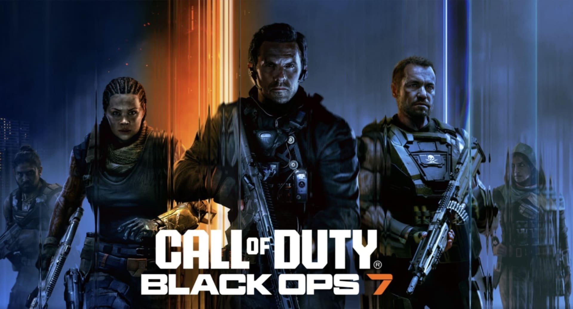 Copertina per "Call of Duty: Black Ops 7" mostrando tre soldati armati e intensi al centro