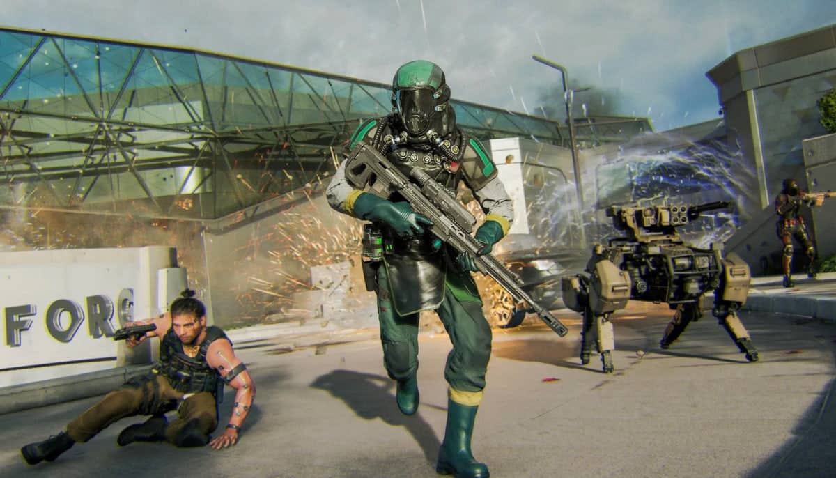 A soldier in tactical gear runs forward holding a rifle, flanked by an armed robot in Black Ops 7
