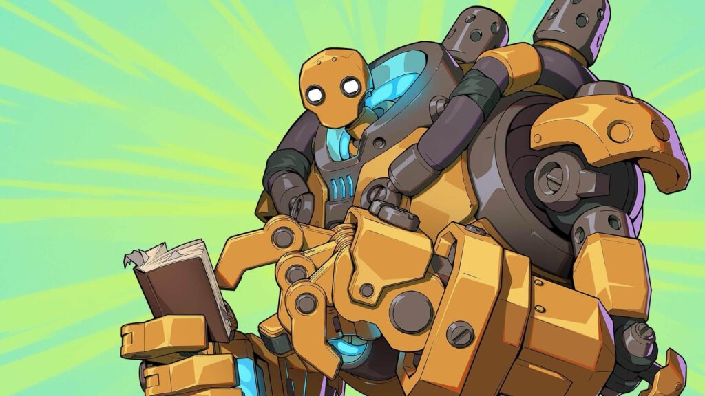 Blitzcrank, the mechanical champion from 2XKO, pauses to read a book in a stylized comic illustration