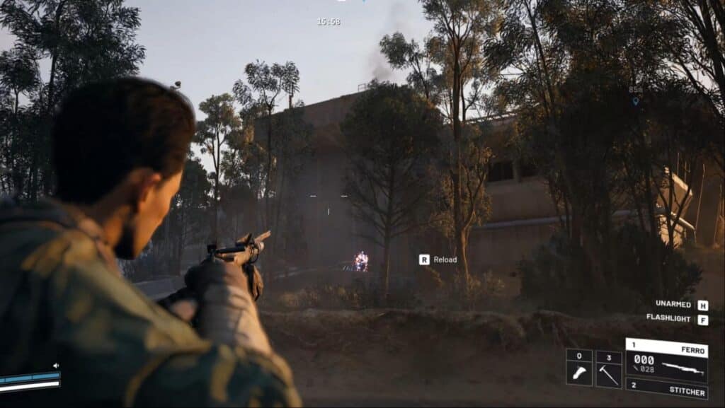 A person aims a rifle in a forest setting, targeting an illuminated figure near a building at dusk in Arc Raiders