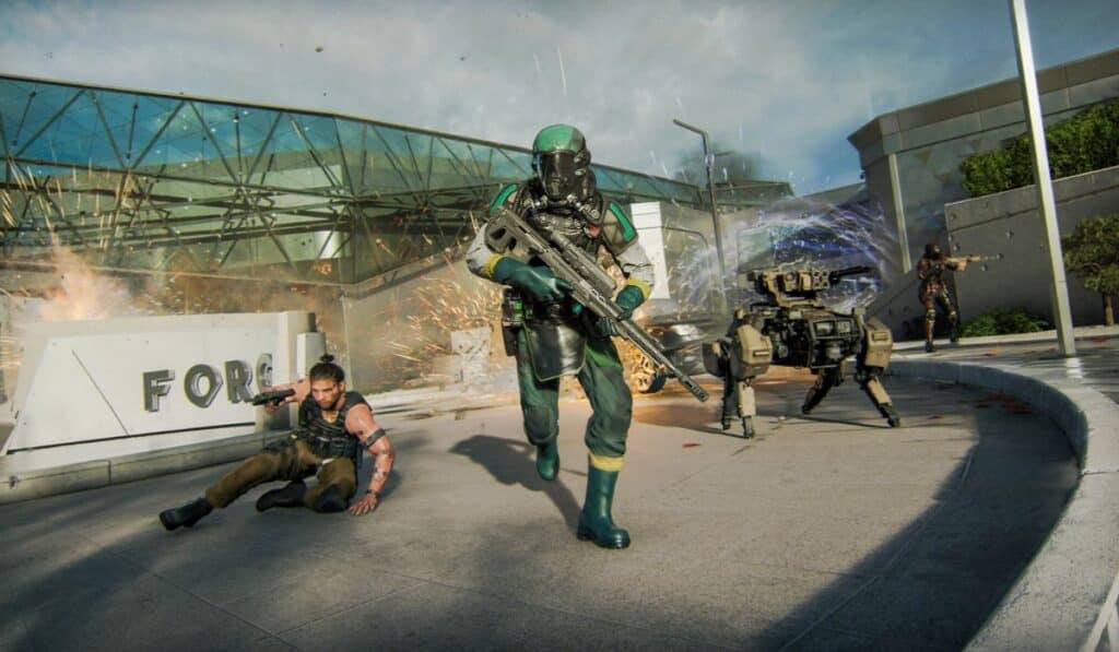 Soldato futuristico in armatura verde corre tra esplosioni e spari in Black Ops 7