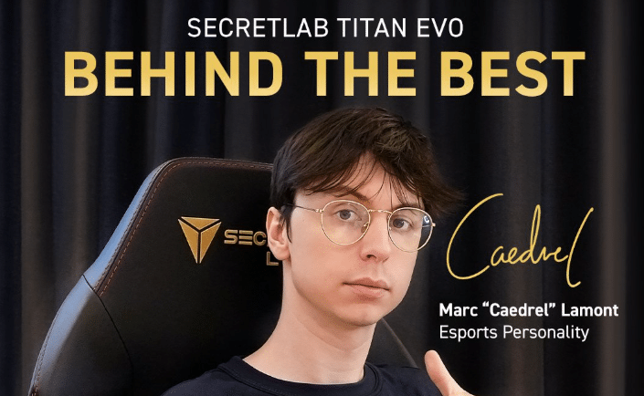 Caedrel sitting comfortably in a Secretlab gaming chair, looking focused.