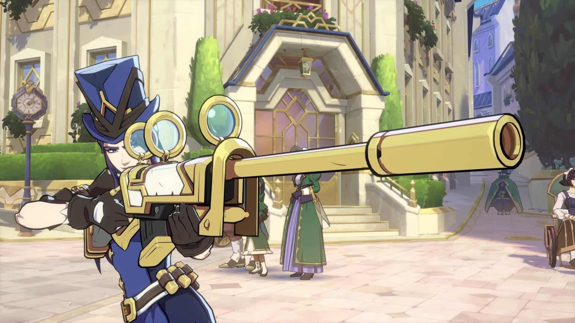 Caitlyn Kiramman, a character from the game 2XKO, aiming a large golden futuristic rifle