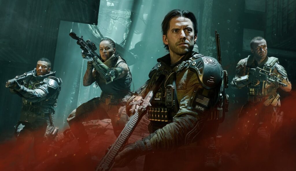 Four armed soldiers in futuristic armor stand ready in a dim, smoky urban setting in Black Ops 7