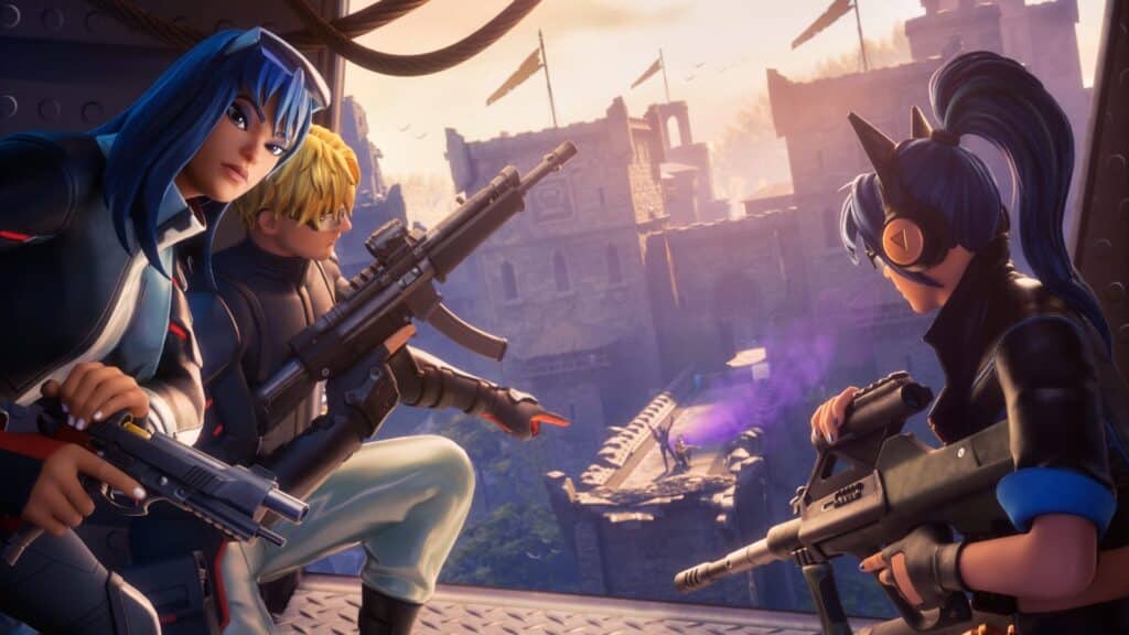 Three Fortnite characters aiming weapons from above at enemies near a castle bridge