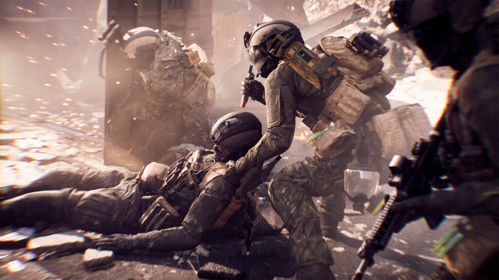 Soldiers in tactical gear huddle amid rubble in an intense scene in BF 6