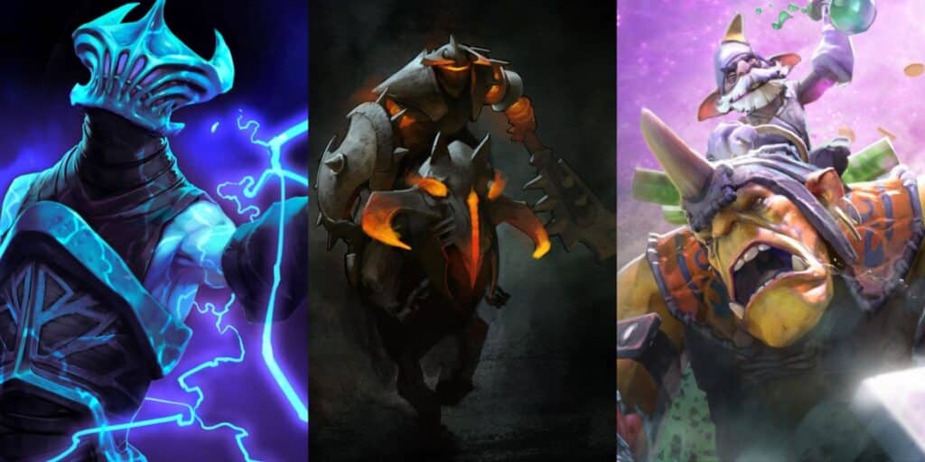 Uma imagem brilhante mostrando três personagens do Dota 2.