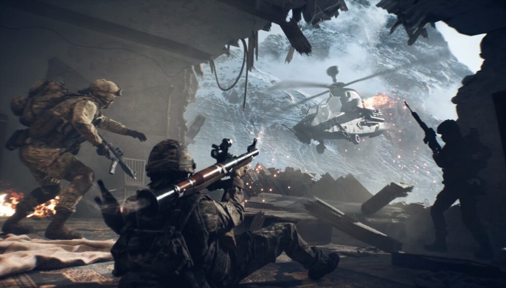 Soldiers in intense battle with guns and helicopter in Battlefield 6
