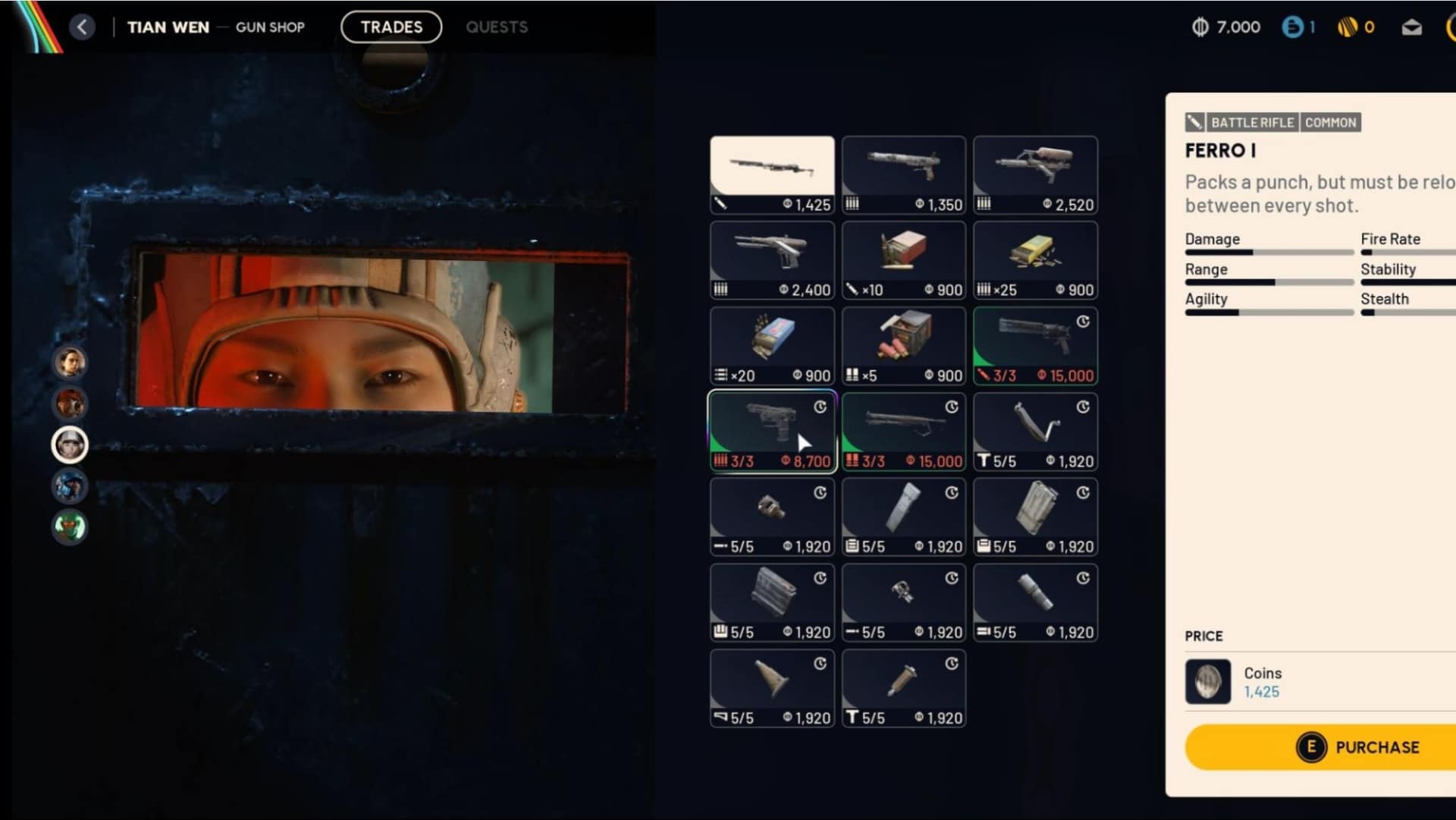 Arc Raiders gun shop screen showing a character peering through a small window on the left