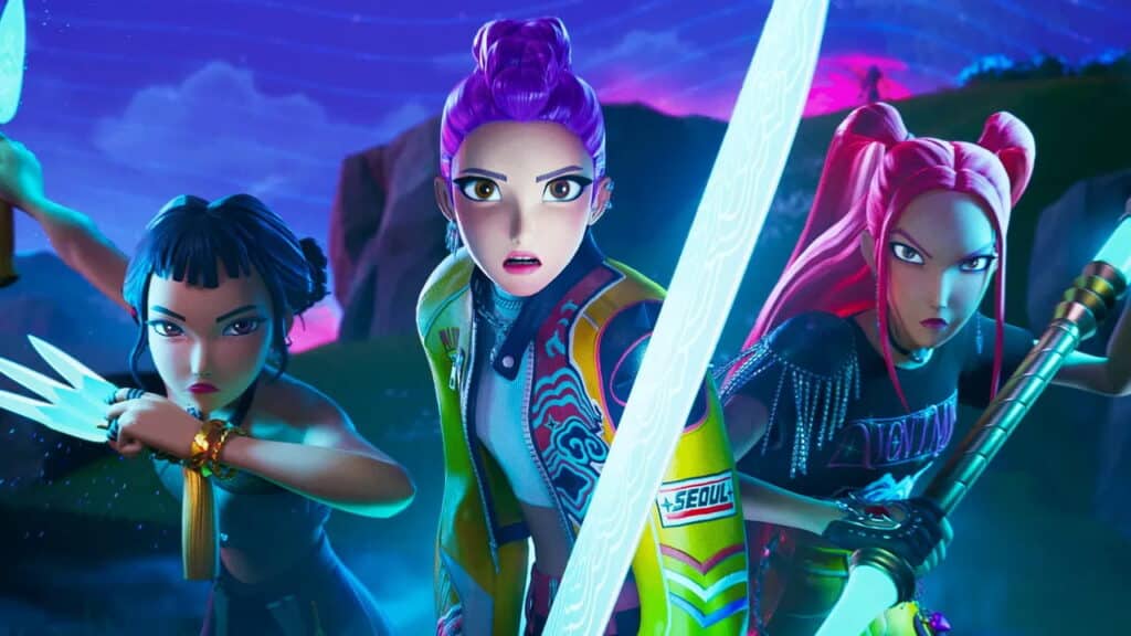 Rumi, Mira e Zoey pronti per la battaglia con armi luminose nell'evento Fortnite K-Pop Hunters