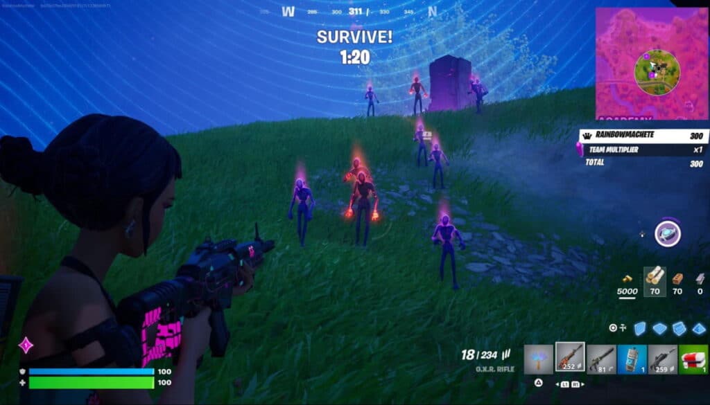 Player facing a wave of glowing demons in Fortnite Demon Rush mode