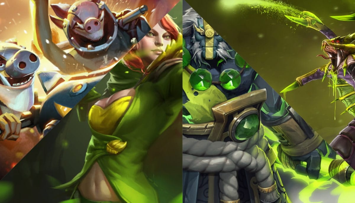 Colorful collage of four Dota 2 characters exhibiting dynamic poses