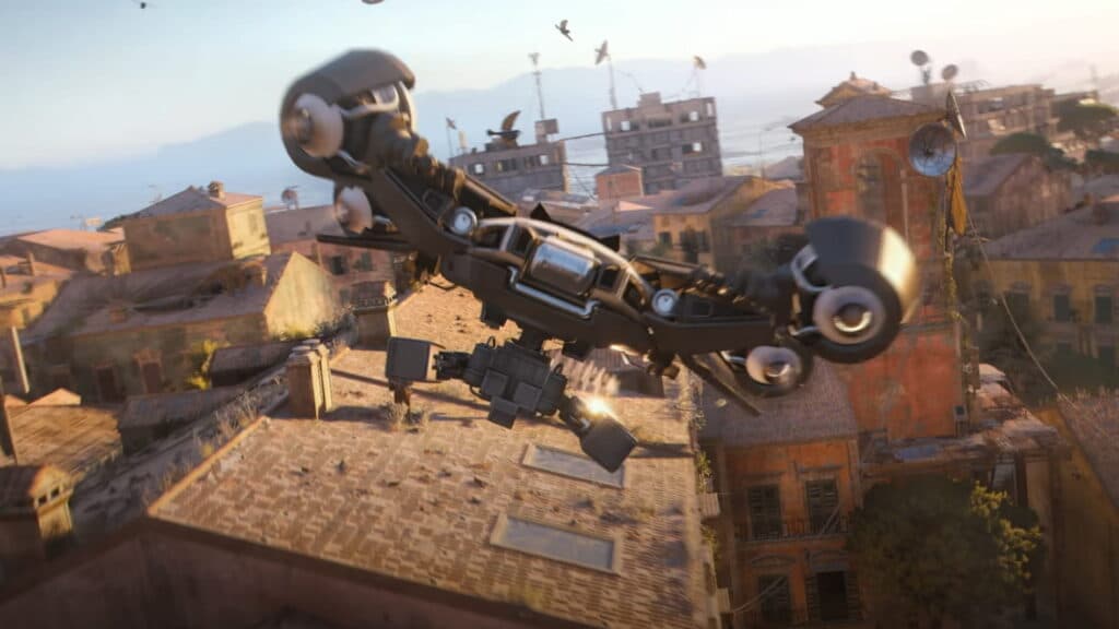 A combat drone flies over rooftops in a city environment in Arc Raiders
