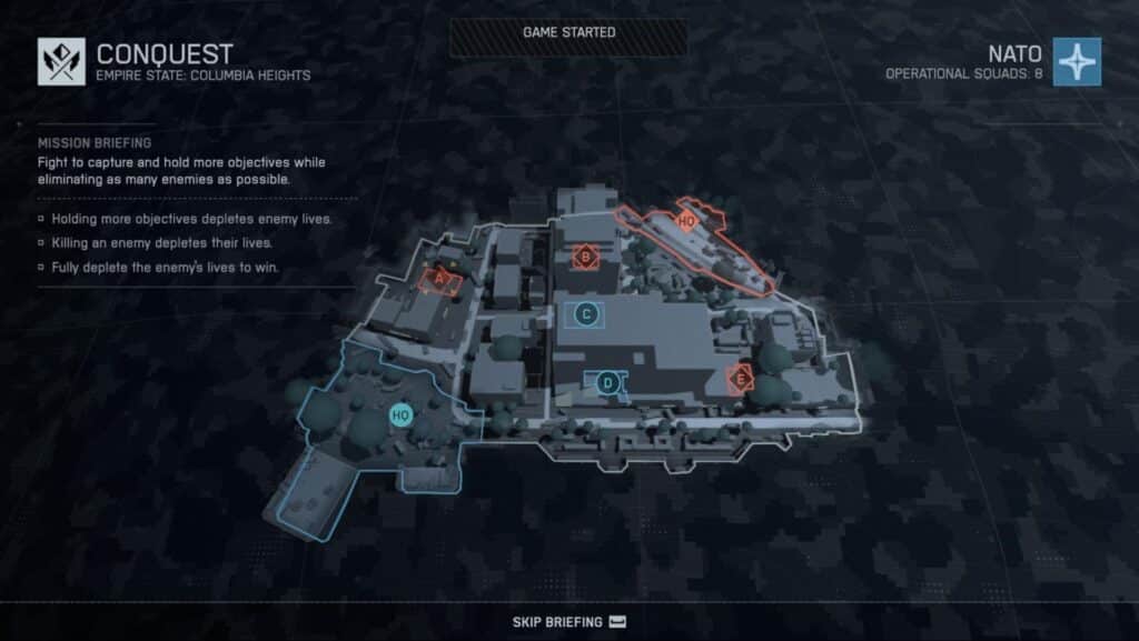 Conquest mode overview of the Empire State: Columbia Heights map in Battlefield 6