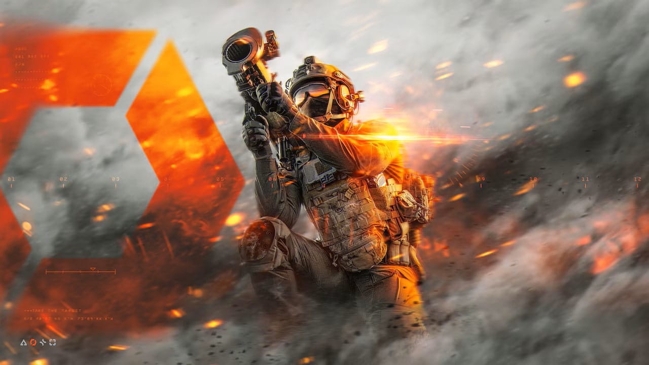 Soldados com equipamento tático apontam armas em meio a fumaça e faíscas laranja no Battlefield 6.