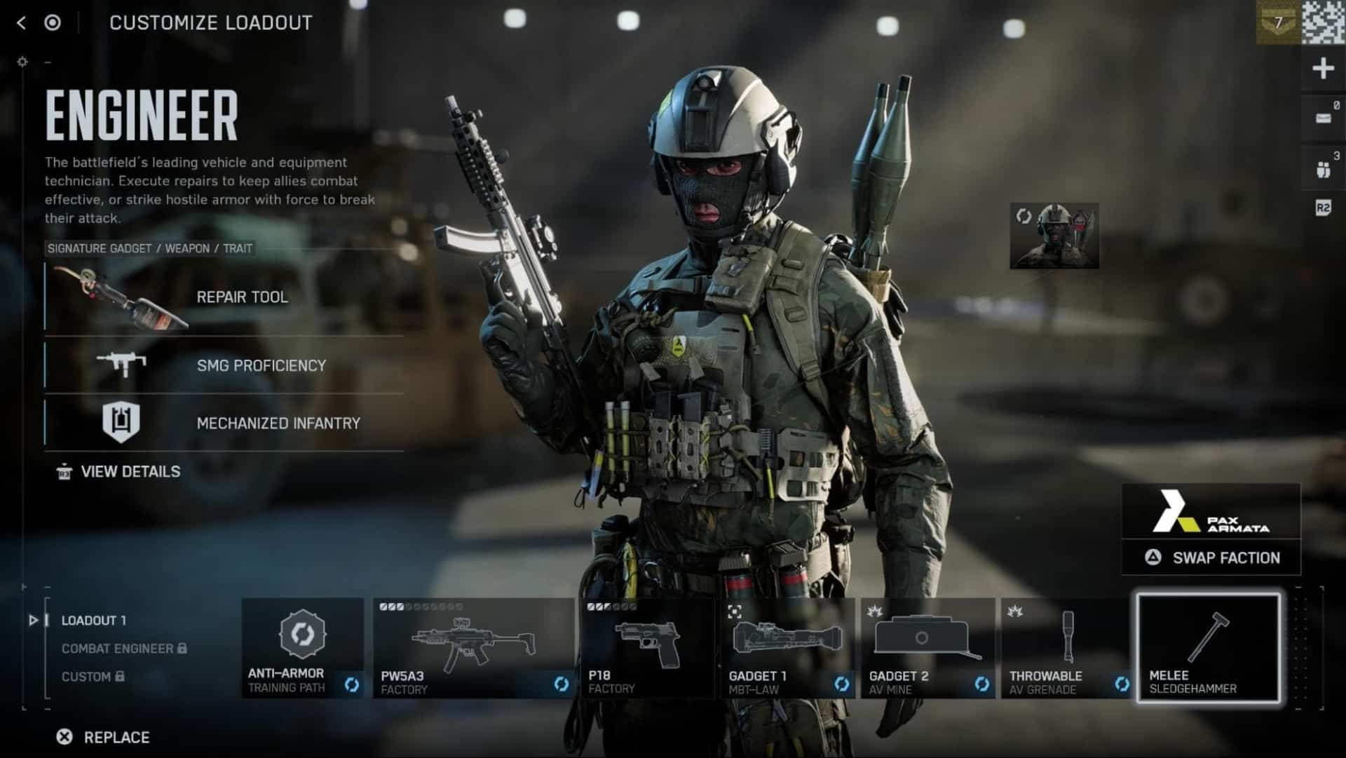 Soldados com equipamento tático são exibidos na tela do jogo Battlefield 6 com o título. "engenheiro"