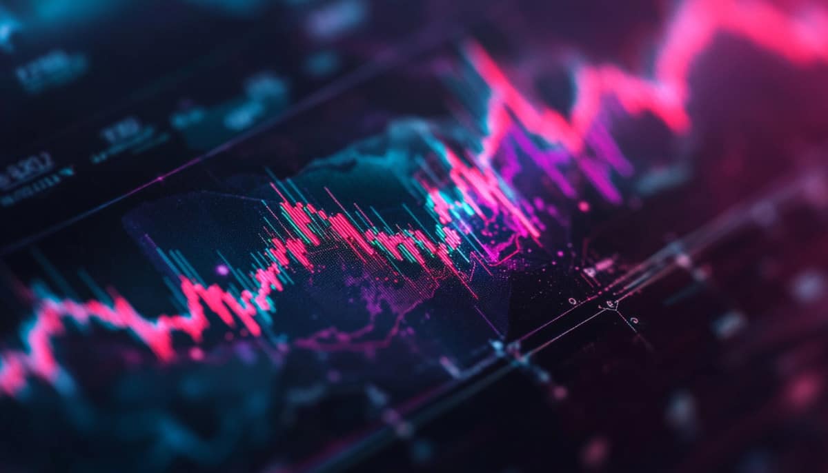 Vibrant digital graph with neon pink and blue lines representing fluctuating data on a dark background, conveying financial or stock market analytics