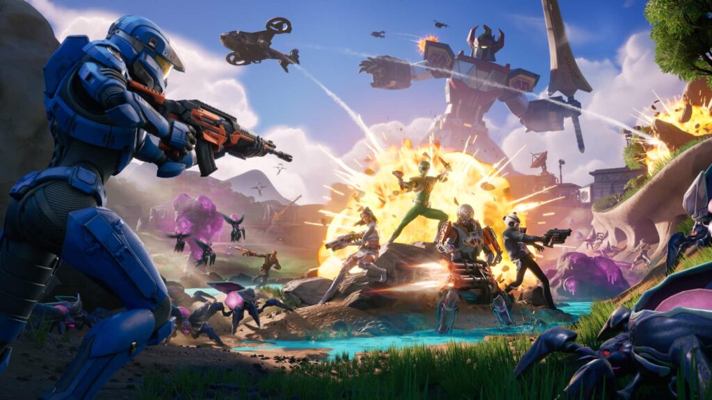Fortnite characters battling alien creatures with explosions and a giant robot in the background