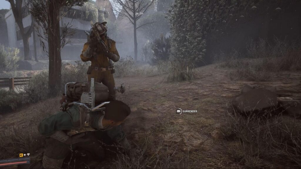 Arc Raiders scene shows a player character in a crouched position on a wooded path, prompted to "Surrender"