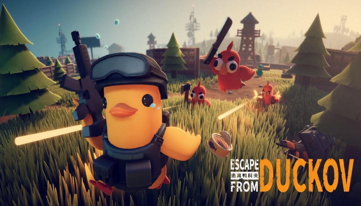 Cartoon duck in tactical gear holds a rifle, surrounded by smaller birds in a grassy battlefield. Game title "Escape from Duckov" is displayed