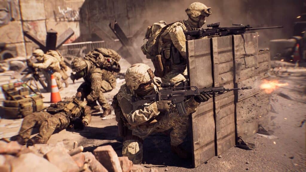 Soldiers in camouflage gear engage in a tense urban battle, firing weapons from behind makeshift cover in BF 6