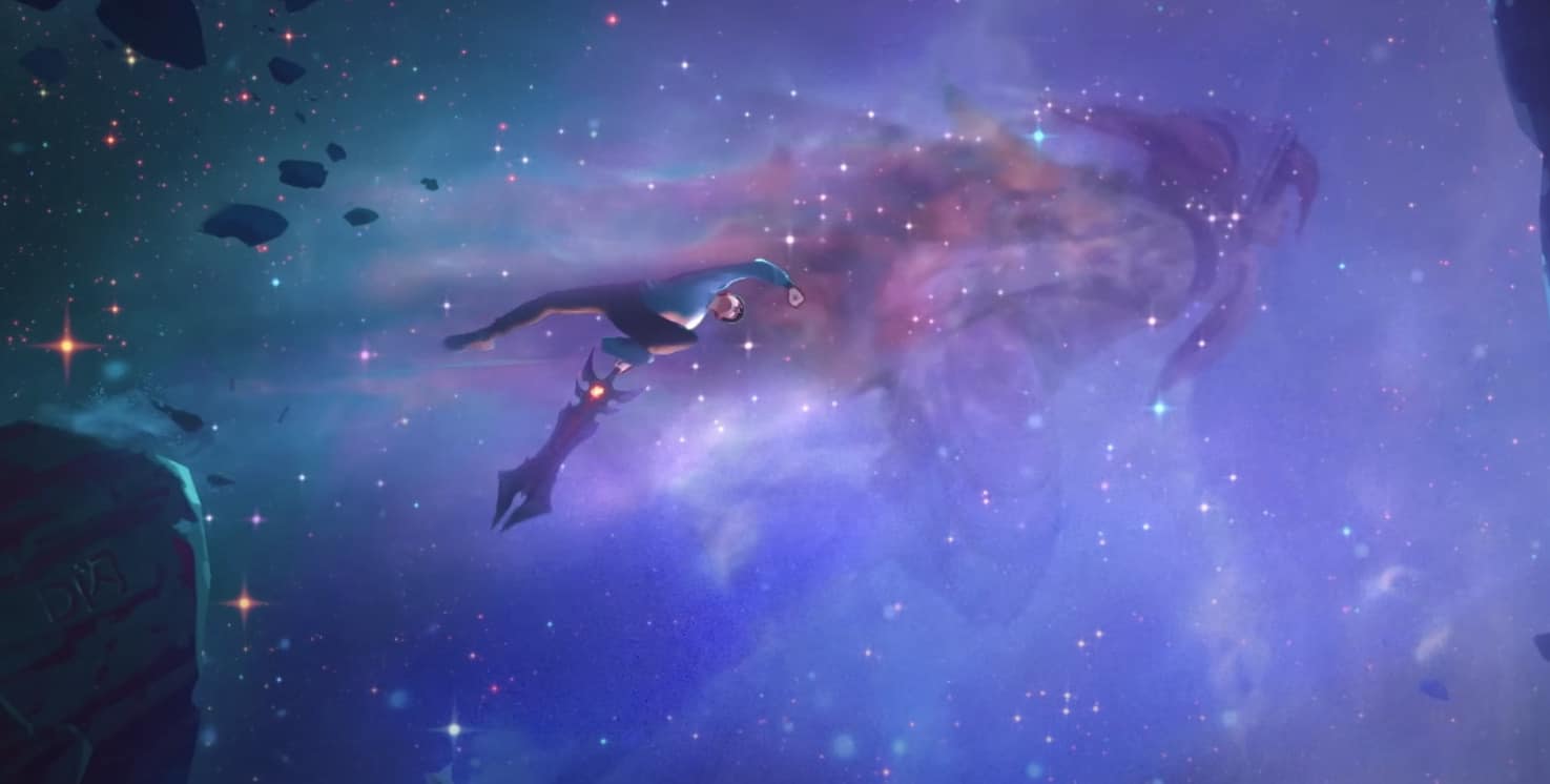 A mystical, humanoid figure with a flowing cape drifts through a colorful galaxy in LoL