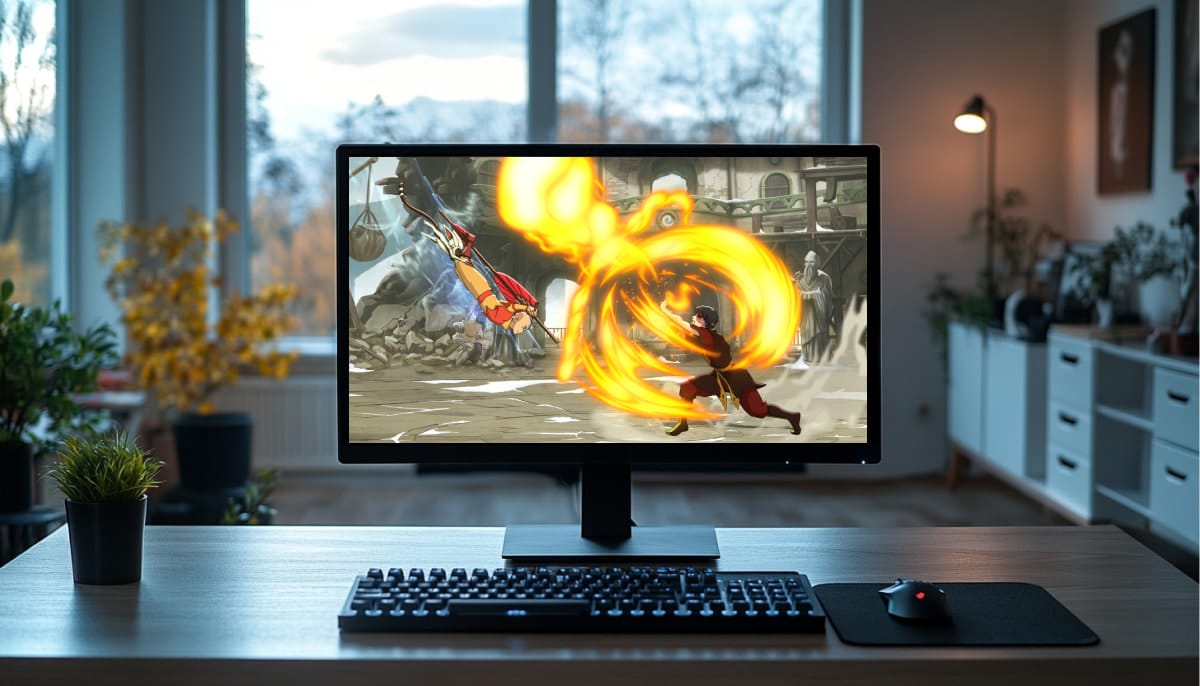 A computer monitor on a desk shows a dynamic fighting between Aang and Zuko