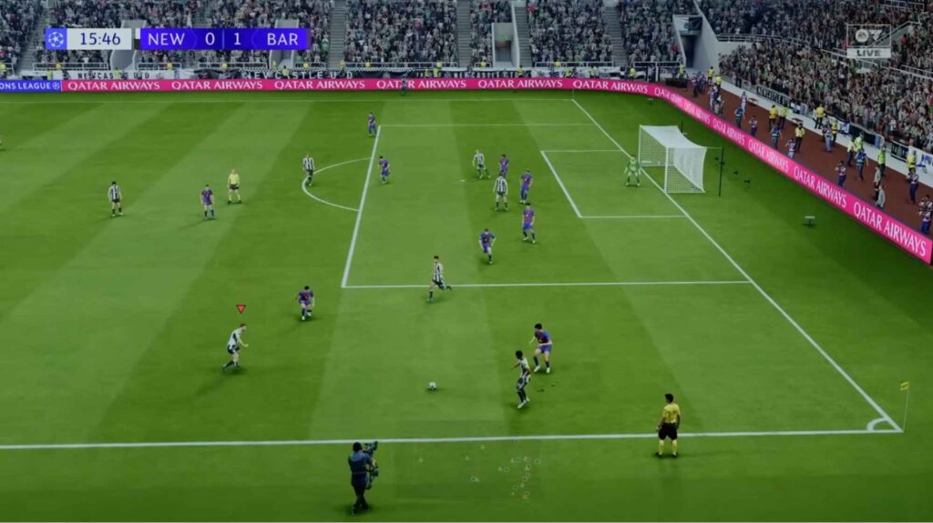 EA Sports FC 26 Career Mode Game Screenshot Offline che mostra la partita di Newcastle vs Barcelona.
