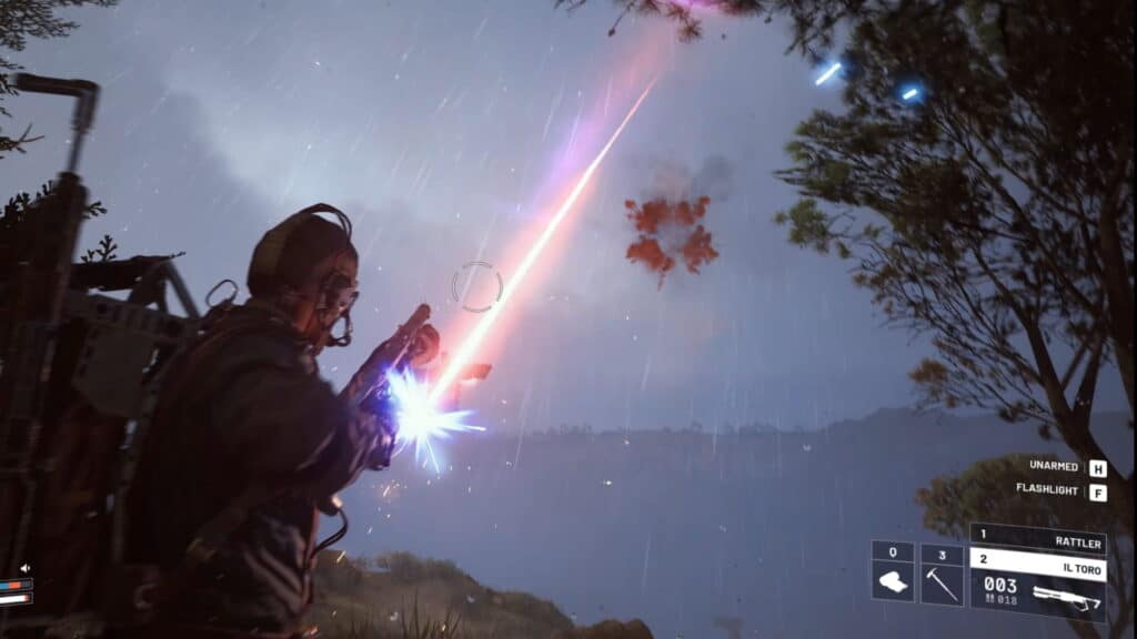Arc Raiders character in tactical gear shoots a glowing projectile into a rainy, cloudy sky