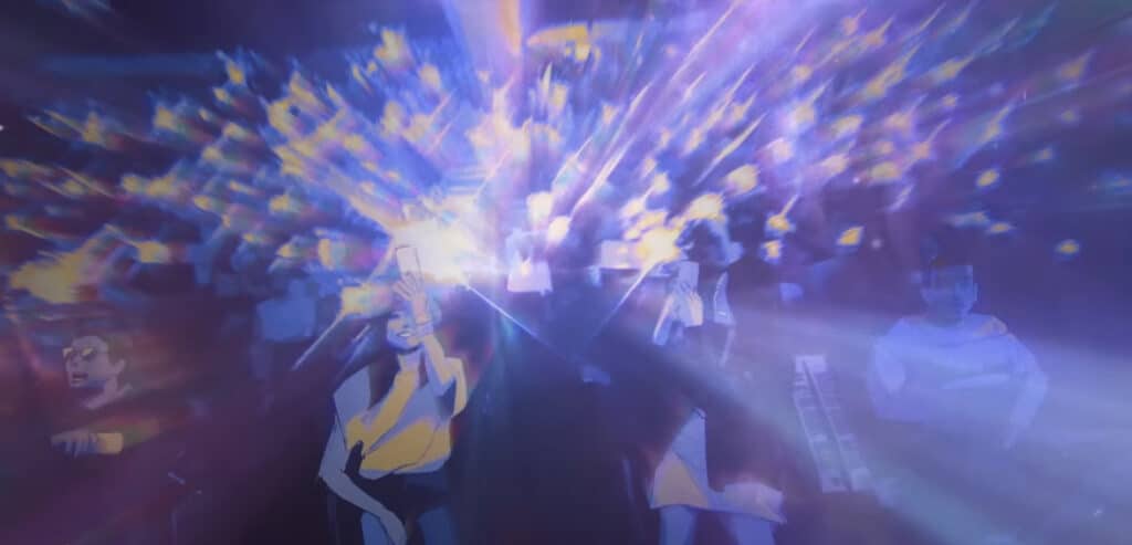 Animation of a vibrant concert scene, with a crowd waving glowing screens