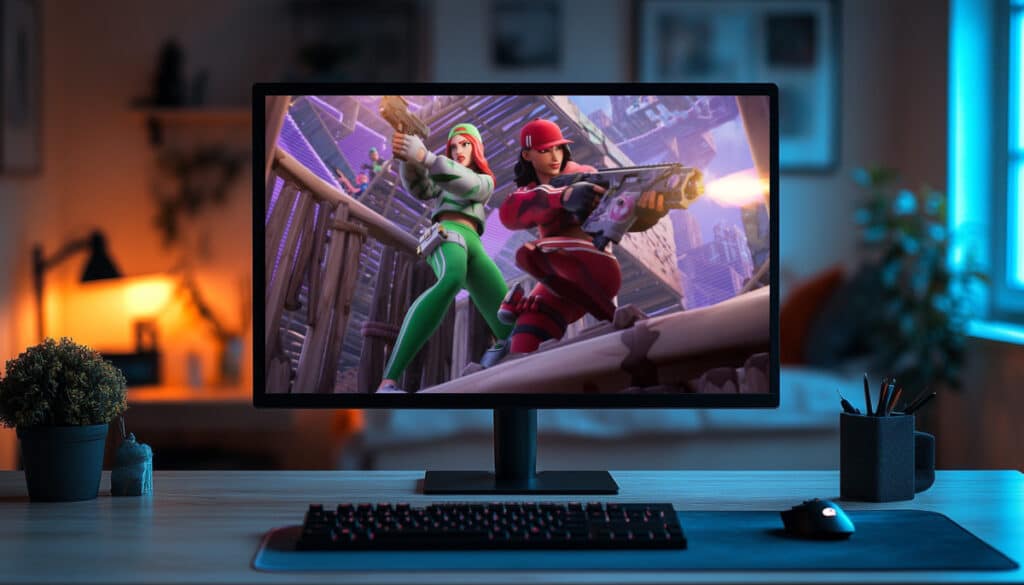 Two Fortnite characters in red and green outfits firing weapons during a heated battle