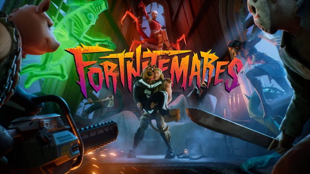 Promotional image for the Fortnite Fortnitemares 2025 Halloween event featuring spooky characters and neon text