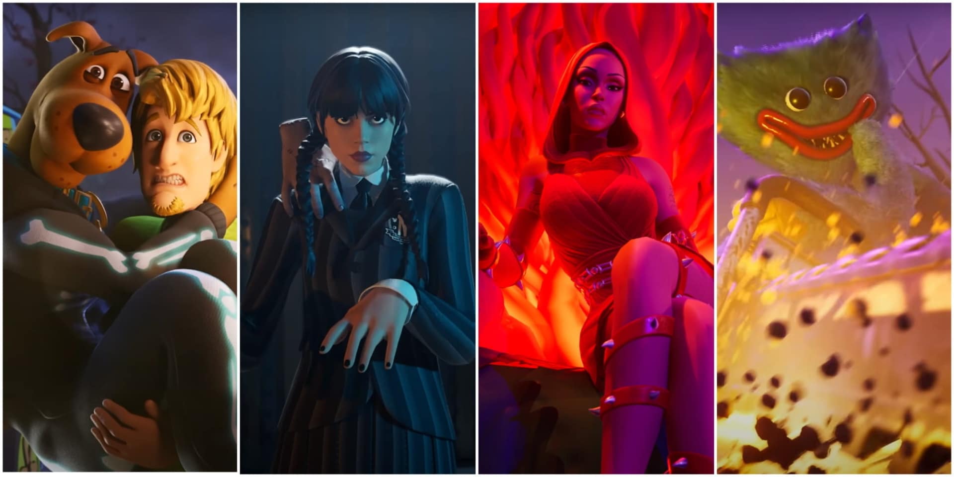 A four-panel image with Fortnite characters