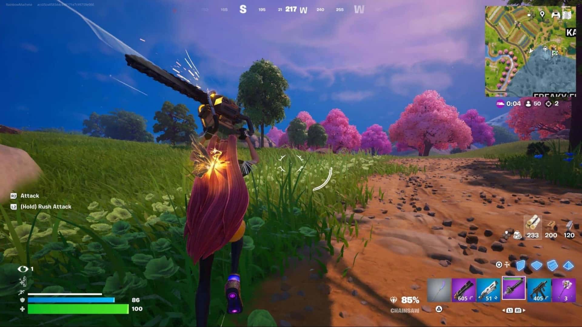 A character in vibrant pink gear runs through a colorful landscape with pink blossom trees in Fortnite