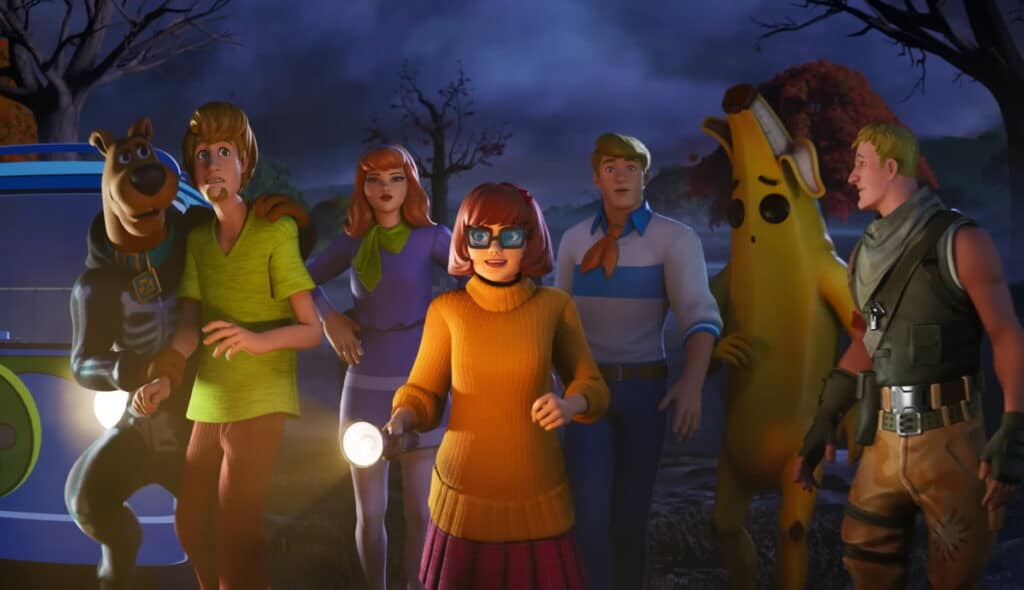 Scooby-Doo characters and Fortnite heroes exploring together during the Fortnitemares 2025 event