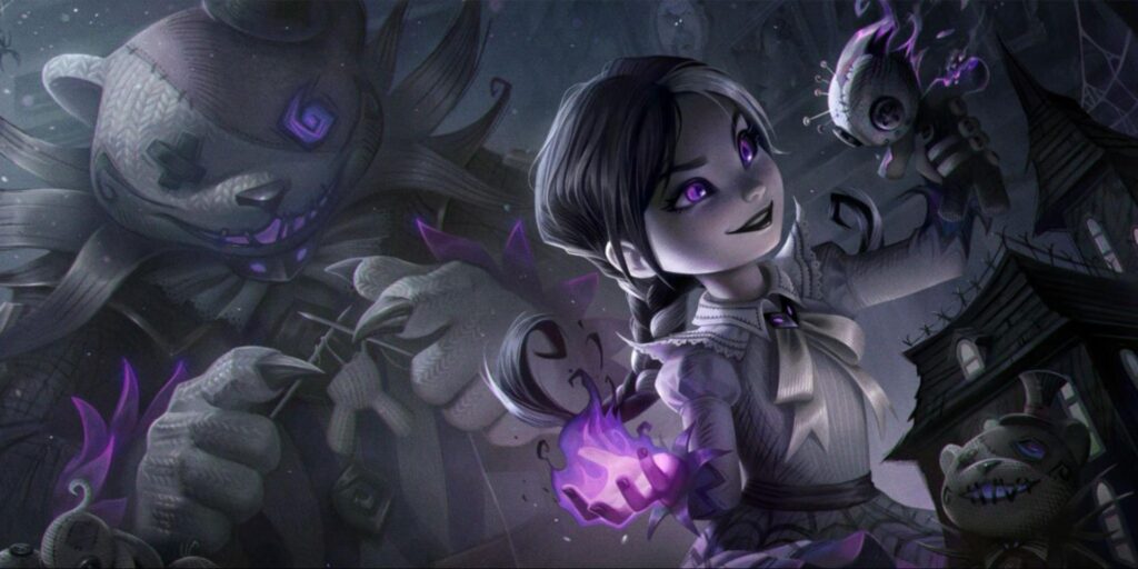 Fright Night Annie with glowing purple eyes holds a small creature, emitting magic from her hand