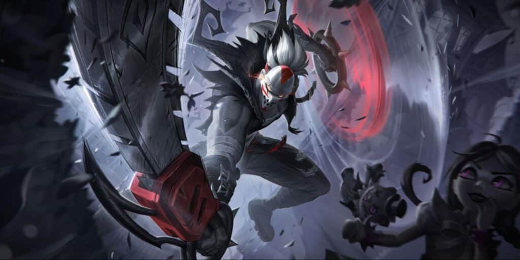Fright Night Draven with striking white hair and a menacing mask leaps forward, wielding a massive sword