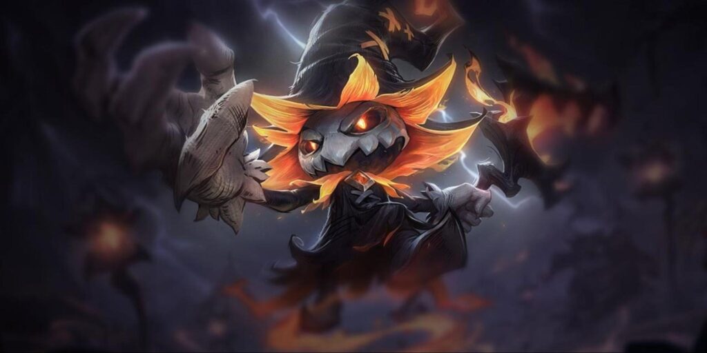 Fright Night Veigar with fiery eyes and hair floats in a dark, stormy sky