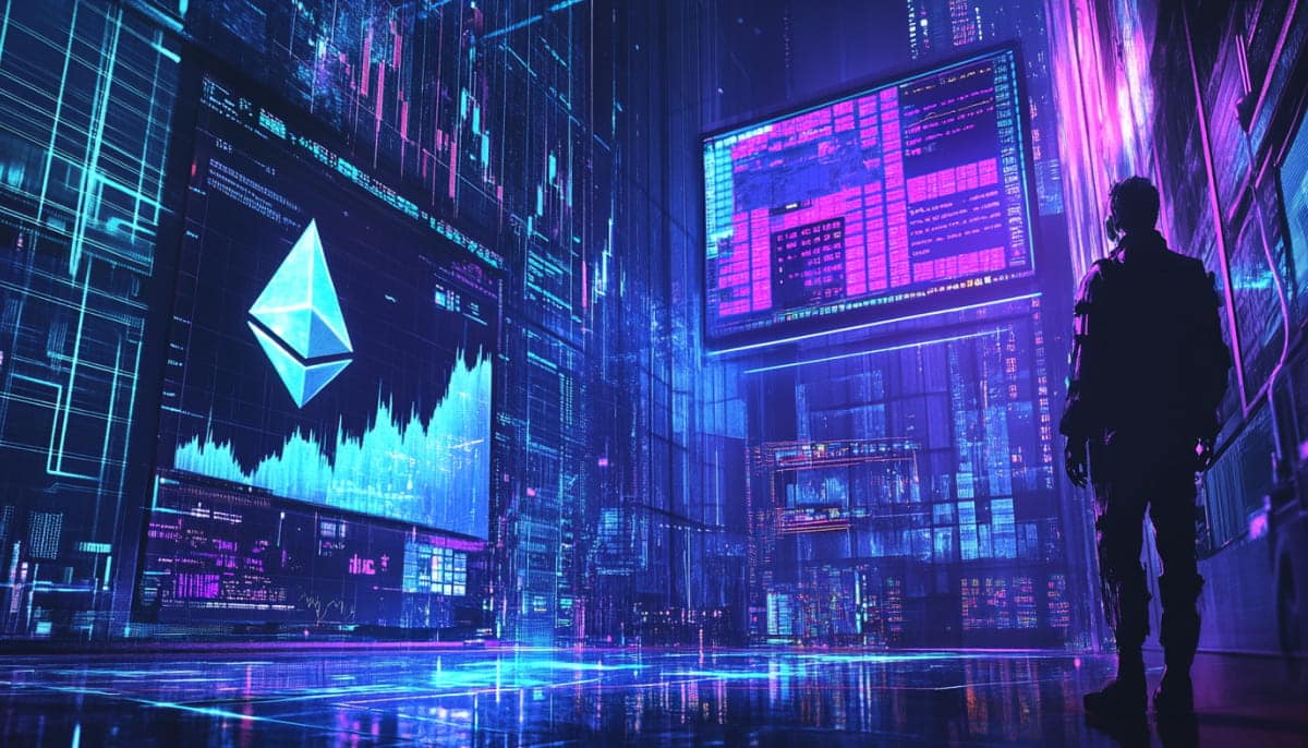A futuristic scene with glowing blue and purple digital screens, showing an Ethereum logo and data charts