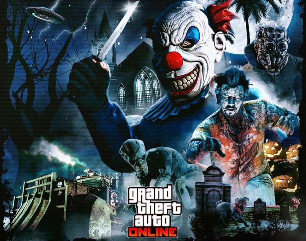 Grand Theft Auto Online Halloween Haunts poster featuring creepy clowns, zombies, and UFOs
