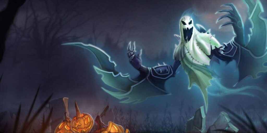 Haunting Nocturne LoL skin in a dark, eerie forest near a carved pumpkin