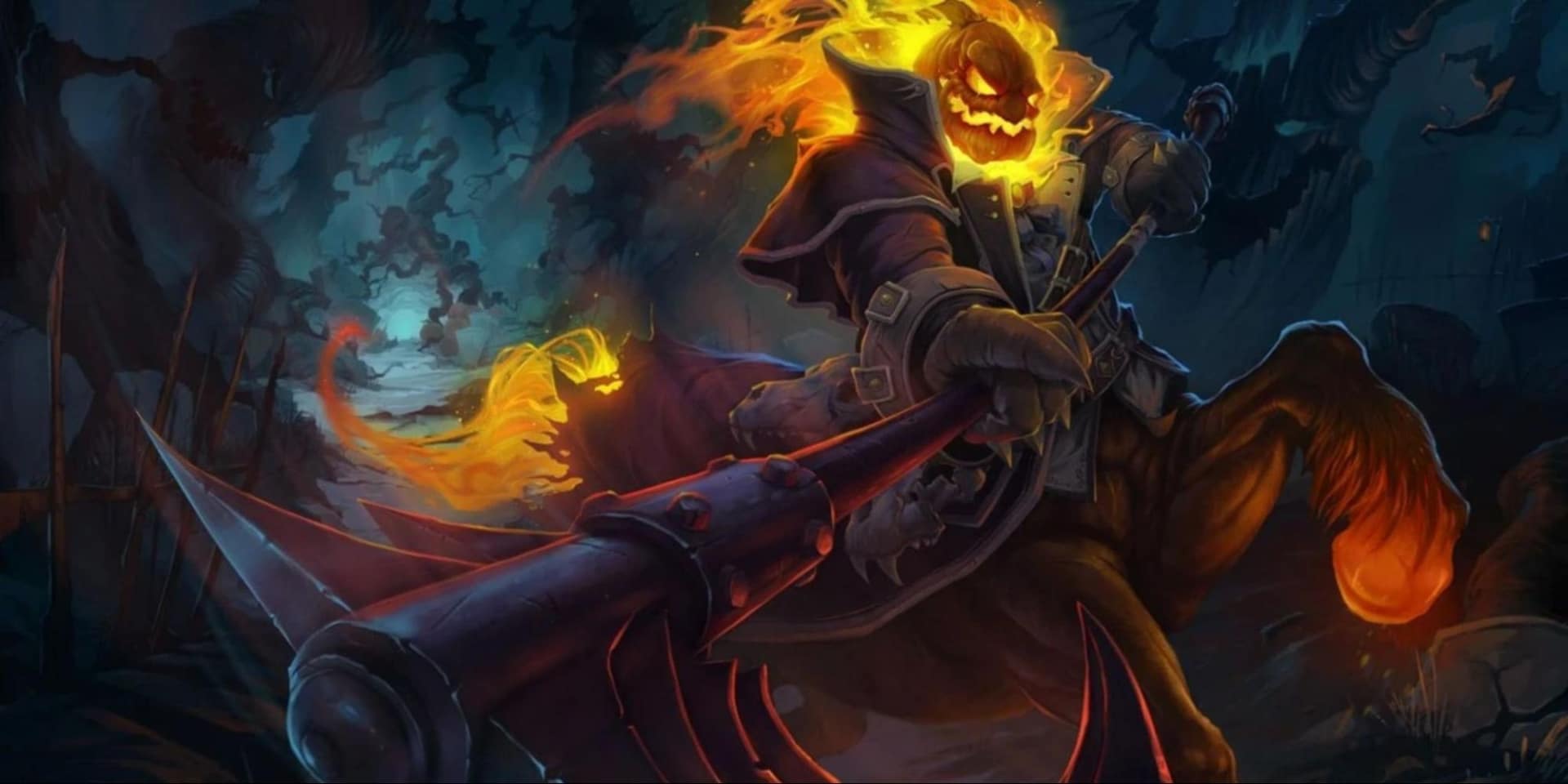 Headless Hecarim with a pumpkin face and a menacing scythe gallops through a dark, eerie forest on a horse