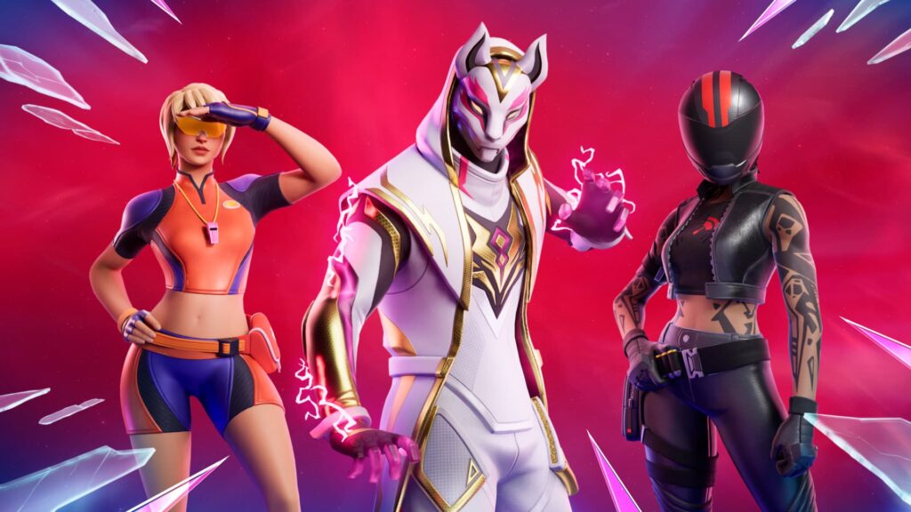 Three Fortnite characters posing together against a glowing background