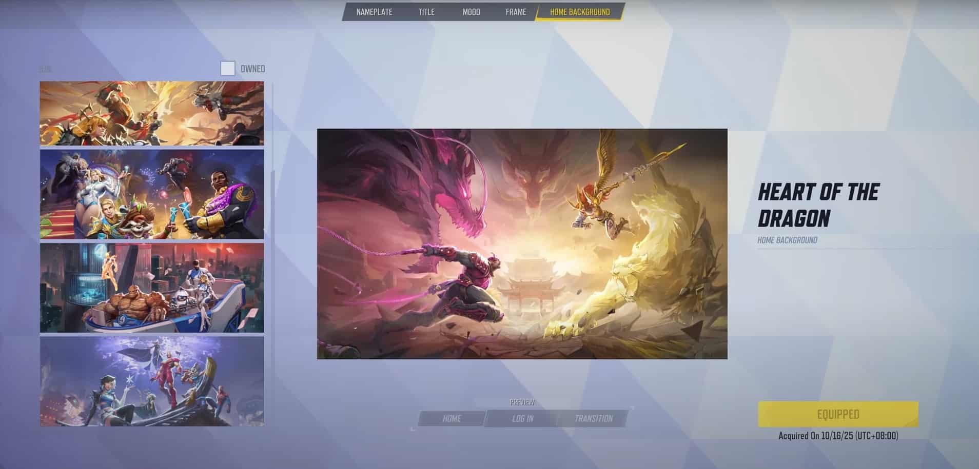 Marvel Rivals interface showing a selection of dynamic illustrations. Main image titled 'Heart of the Dragon' depicts a dramatic battle between two armored figures, surrounded by swirling dragon forms