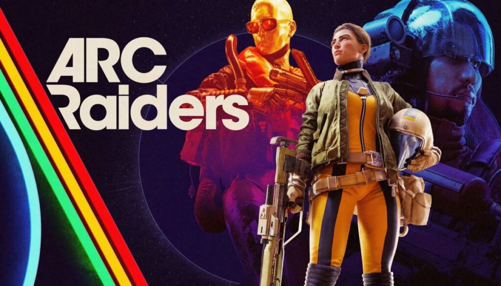 Arc Raiders key art showing main characters Celeste, Sledge, and the Raider, standing ready for battle with the game’s retro logo in the background.