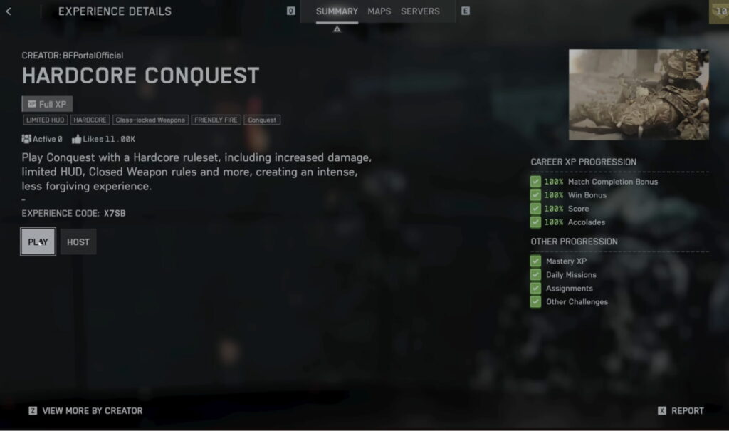 A interface do BF 6 detalha o modo de jogo ‘Hardcore Conquest’ com dano aumentado e HUD limitado